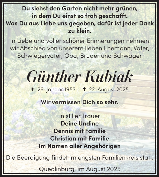 Traueranzeige von Günther Rubialk von Trauerkombi Quedlinburg