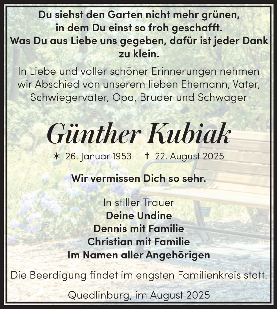  Traueranzeige für Günther Rubialk vom 30.08.2025 aus Trauerkombi Quedlinburg