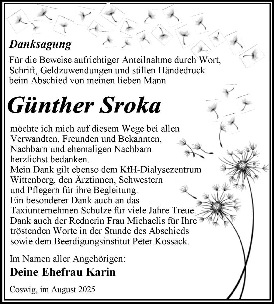  Traueranzeige für Günther Sroka vom 30.08.2025 aus Trauerkombi Wittenberg