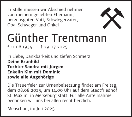 Traueranzeige von Günther Trentmann von Trauerkombi Merseburg