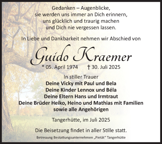 Traueranzeige von Guido Kraemer von Volksstimme Altmark Ost