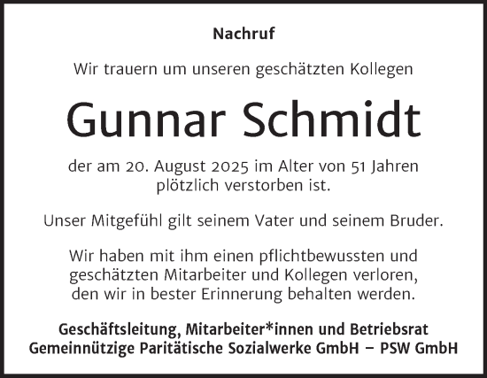 Traueranzeige von Gunnar Schmidt von Mitteldeutsche Zeitung Halle/Saalkreis