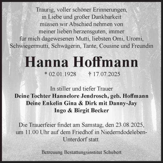 Traueranzeige von Hanna Hoffmann von Volksstimme Magdeburg
