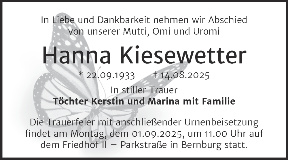  Traueranzeige für Hanna Kiesewetter vom 23.08.2025 aus Trauerkombi Bernburg