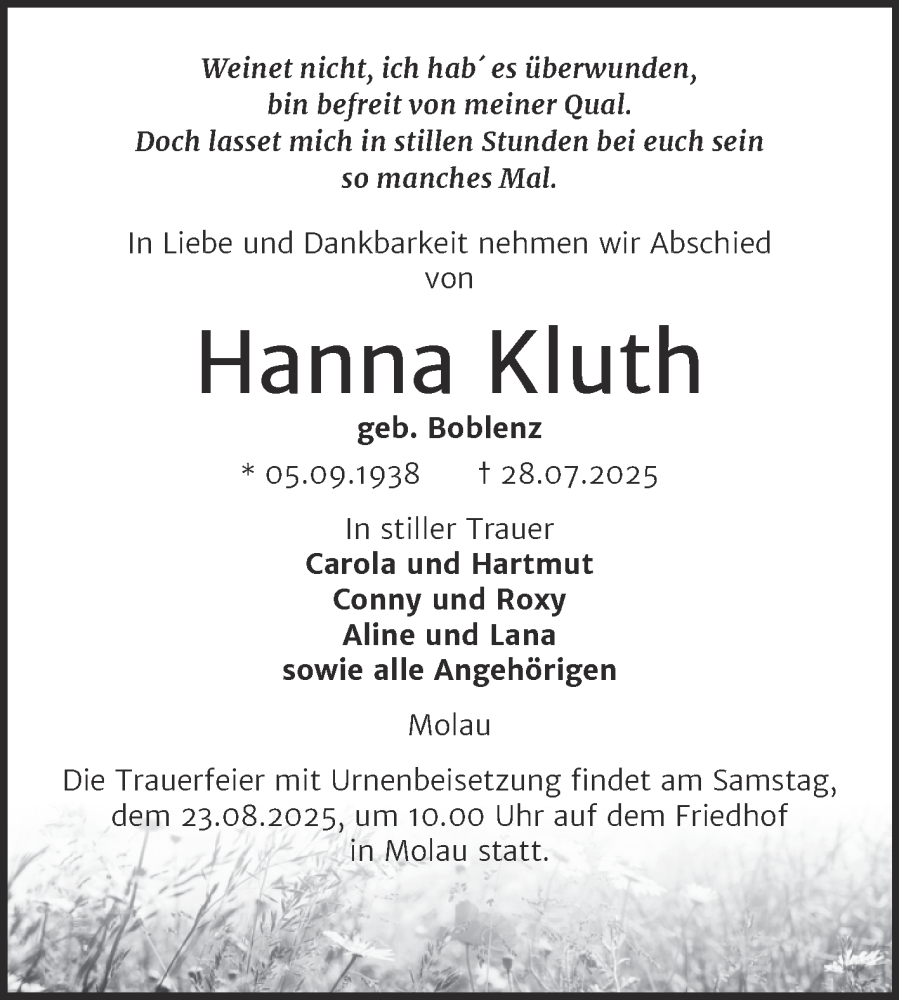  Traueranzeige für Hanna Kluth vom 09.08.2025 aus Super Sonntag Naumburg/Nebra