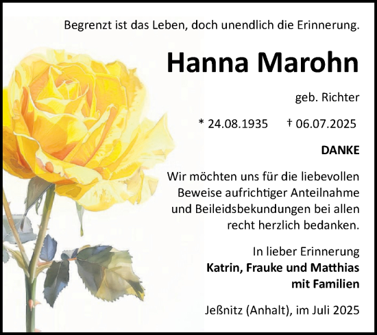 Traueranzeige von Hanna Marohn von Trauerkombi Bitterfeld