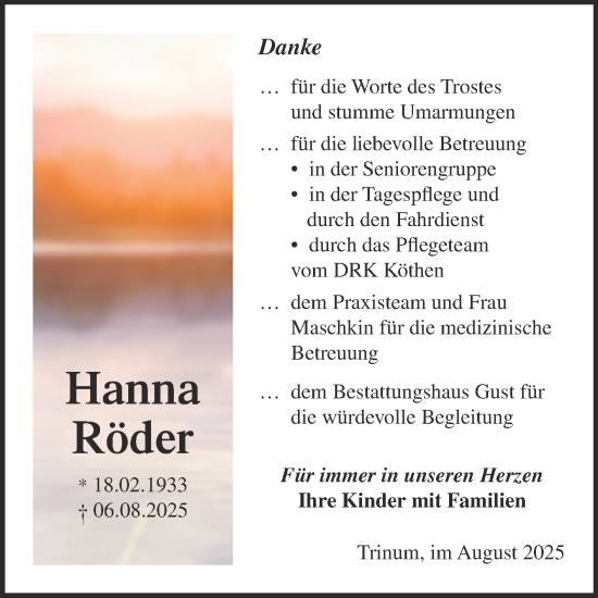 Traueranzeige von Hanna Röder von Trauerkombi Köthen