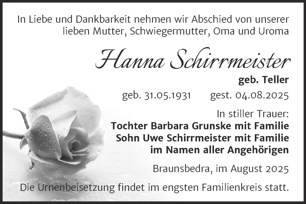  Traueranzeige für Hanna Schirrmeister vom 16.08.2025 aus Trauerkombi Merseburg