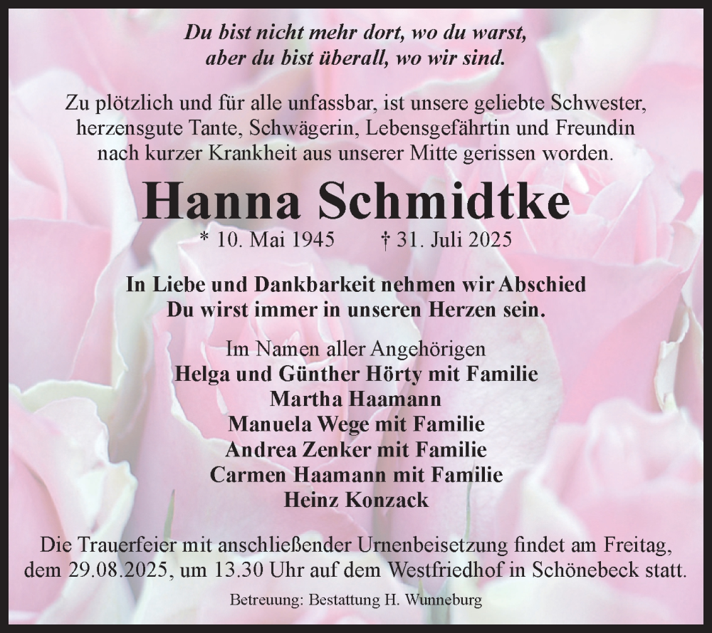  Traueranzeige für Hanna Schmidtke vom 23.08.2025 aus Volksstimme Schönebeck