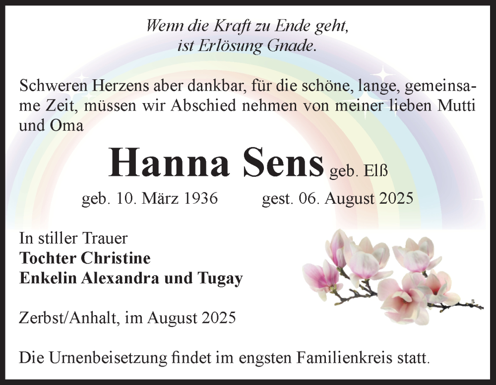  Traueranzeige für Hanna Sens vom 16.08.2025 aus Volksstimme Zerbst
