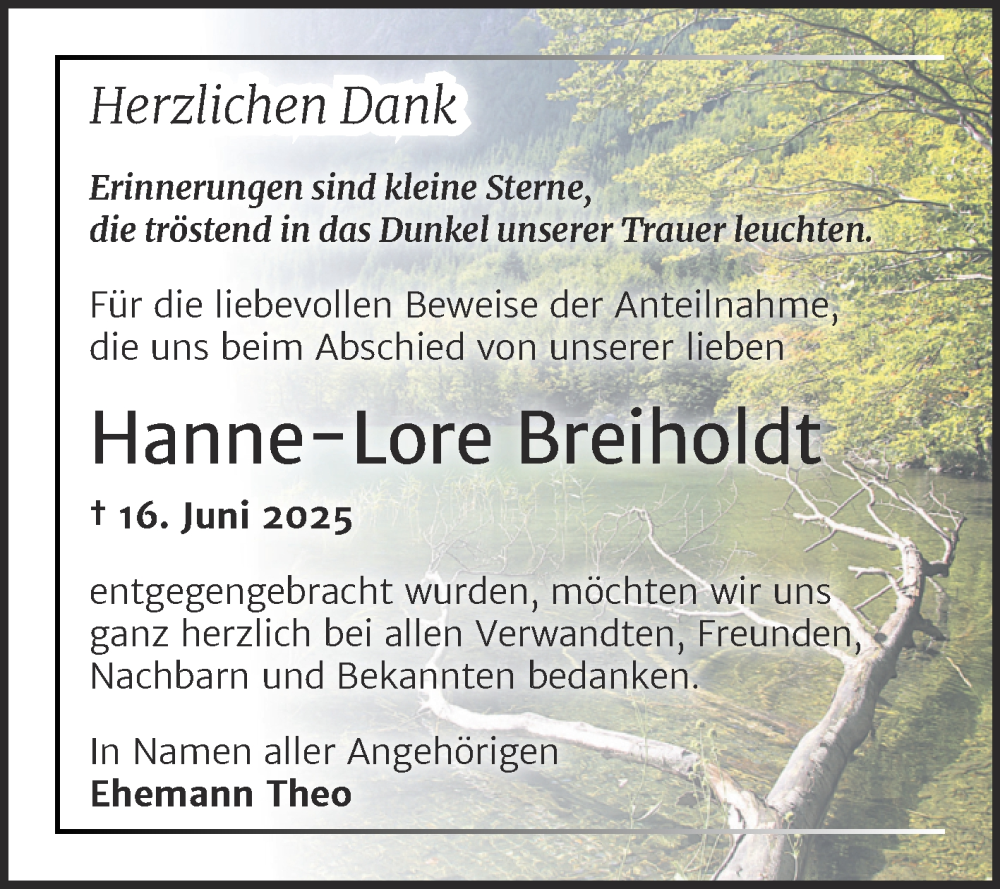  Traueranzeige für Hanne-Lore Breiholdt vom 09.08.2025 aus Trauerkombi Dessau
