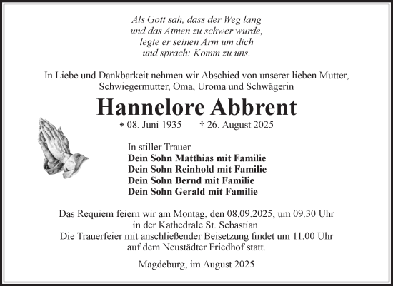 Traueranzeige von Hannelore Abbrent von Volksstimme Magdeburg
