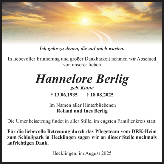 Traueranzeige von Hannelore Berlig von Volksstimme Staßfurt