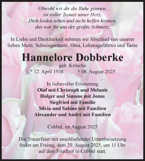 Traueranzeige von Hannelore Dobberke von Volksstimme Altmark Ost