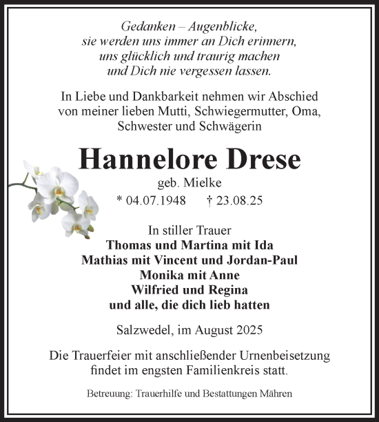 Traueranzeige von Hannelore Drese von Volksstimme Altmark West