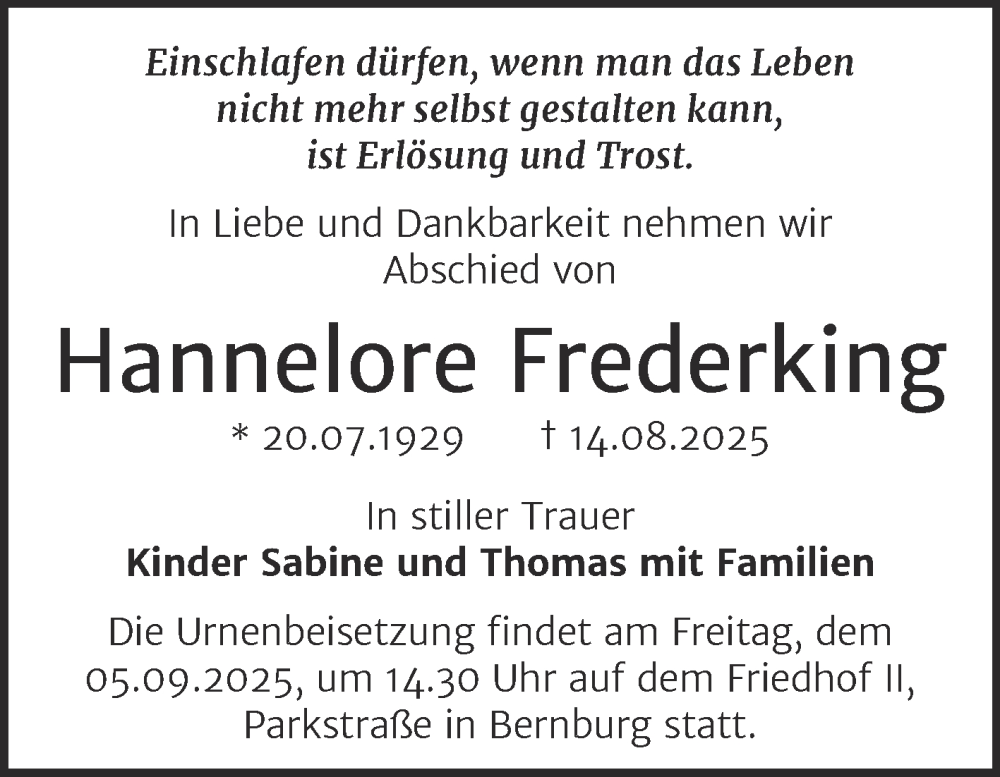  Traueranzeige für Hannelore Frederking vom 23.08.2025 aus Trauerkombi Bernburg