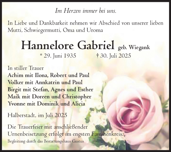 Traueranzeige von Hannelore Gabriel von Volksstimme Halberstadt