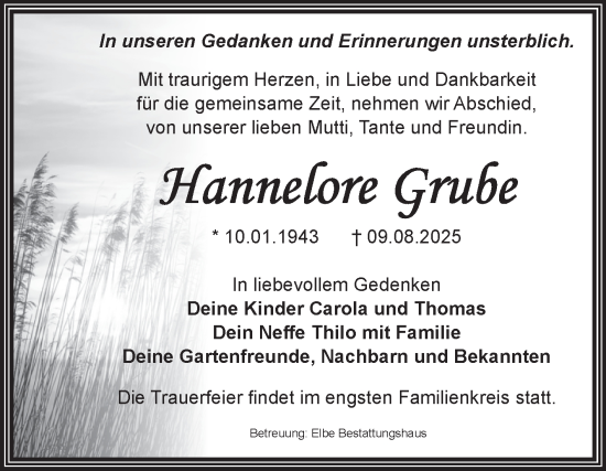 Traueranzeige von Hannelore Grube von Volksstimme Magdeburg