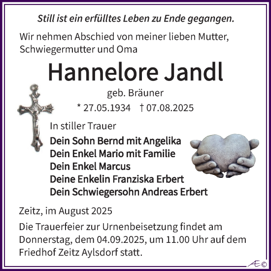 Traueranzeige von Hannelore Jandl von Trauerkombi Zeitz