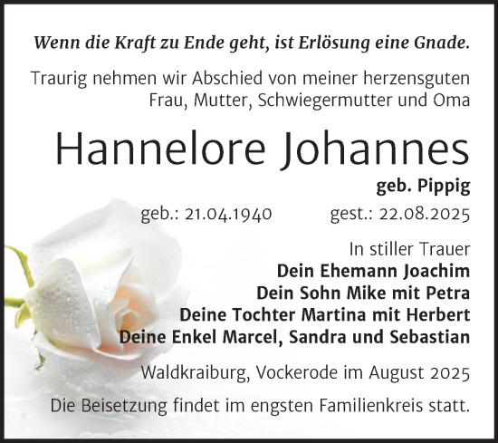 Traueranzeige von Hannelore Johannes von Trauerkombi Wittenberg