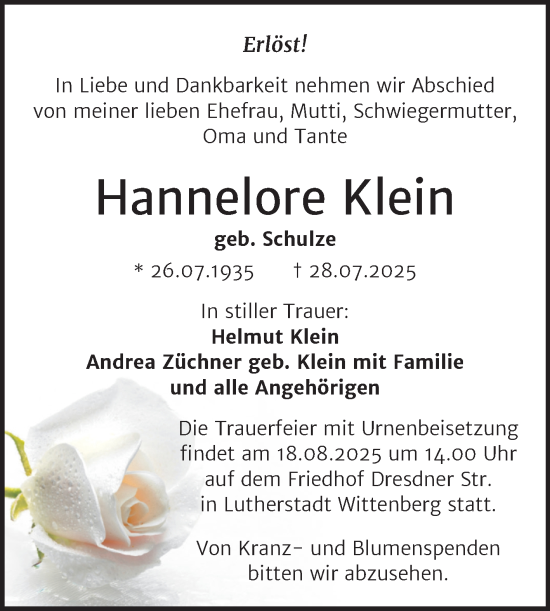 Traueranzeige von Hannelore Klein von Trauerkombi Wittenberg