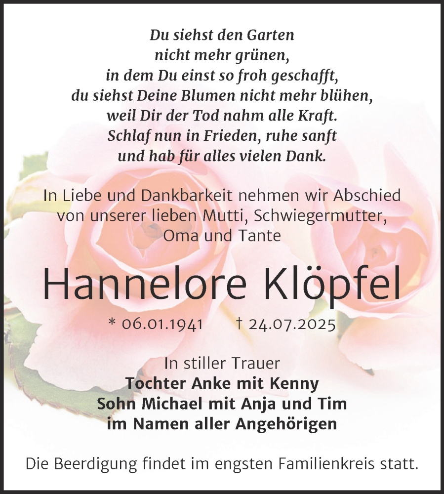  Traueranzeige für Hannelore Klöpfel vom 02.08.2025 aus Super Sonntag Naumburg/Nebra