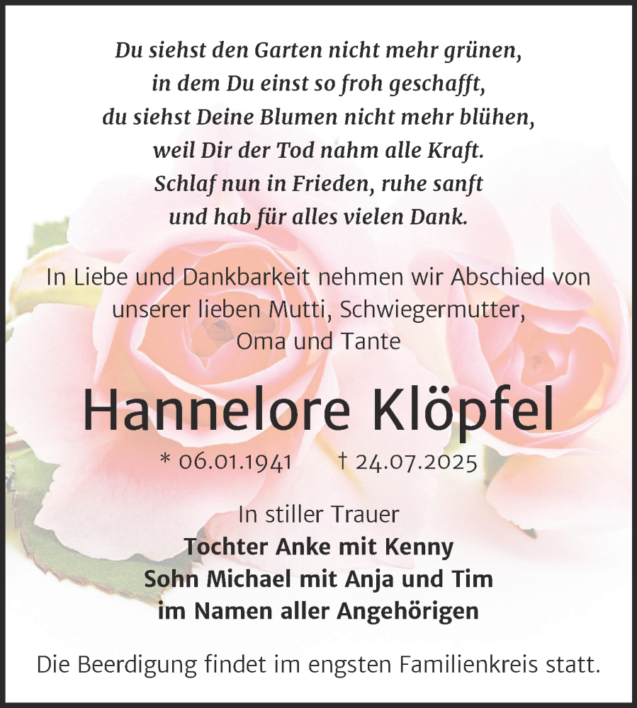 Traueranzeige für Hannelore Klöpfel vom 09.08.2025 aus Super Sonntag Zeitz