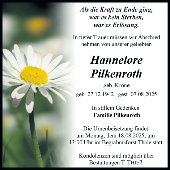 Traueranzeige von Hannelore Pilkenroth von Trauerkombi Quedlinburg