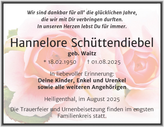 Traueranzeige von Hannelore Schüttendiebel von Trauerkombi Mansfelder Land