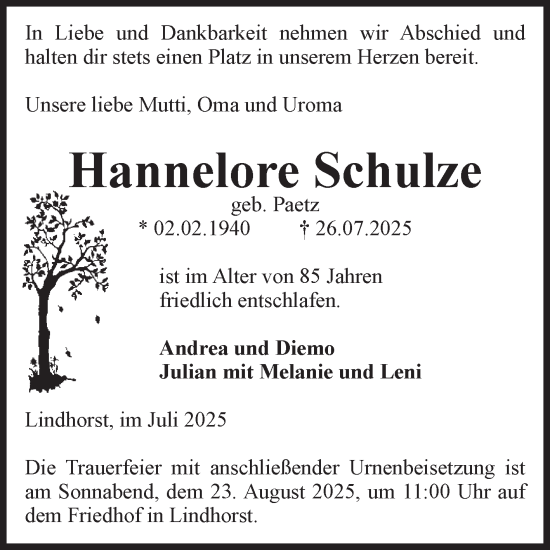 Traueranzeige von Hannelore Schulze von Volksstimme Haldensleben/Wolmirstedt