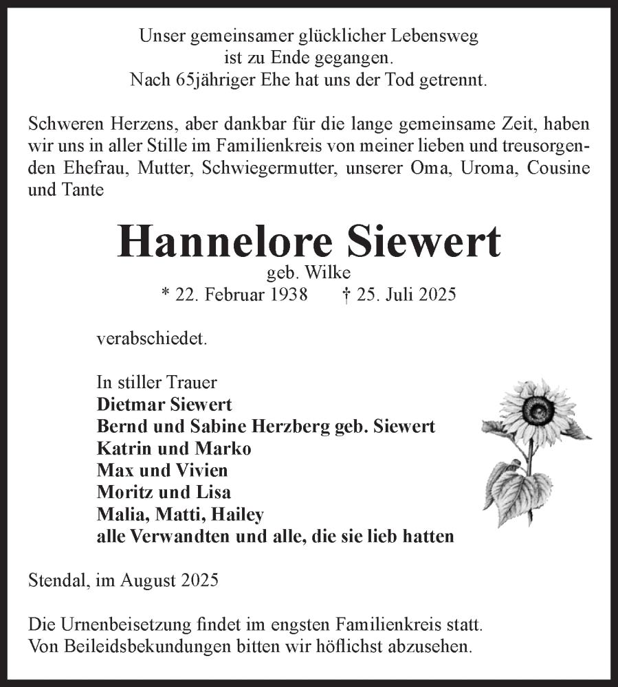  Traueranzeige für Hannelore Siewert vom 08.08.2025 aus Volksstimme Altmark Ost