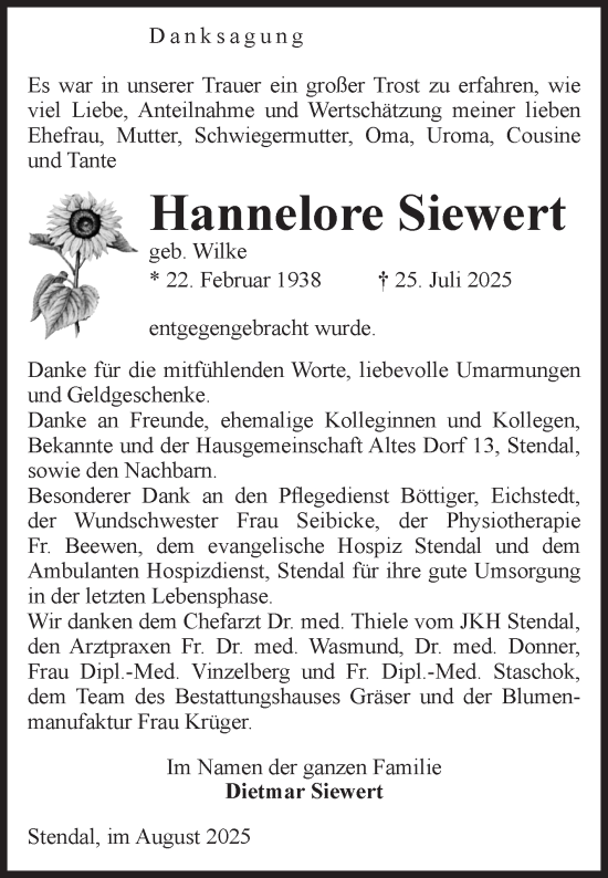 Traueranzeige von Hannelore Siewert von Volksstimme Altmark Ost