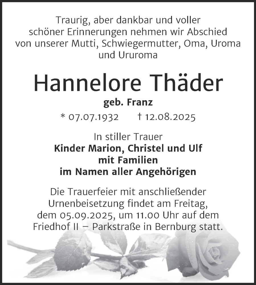  Traueranzeige für Hannelore Thäder vom 23.08.2025 aus Trauerkombi Bernburg