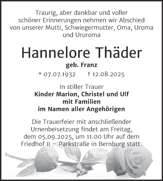 Traueranzeige von Hannelore Thäder von Trauerkombi Bernburg