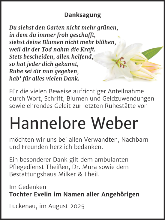 Traueranzeige von Hannelore Weber von Trauerkombi Zeitz