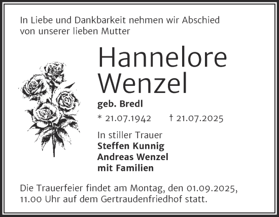 Traueranzeige von Hannelore Wenzel von Mitteldeutsche Zeitung Halle/Saalkreis