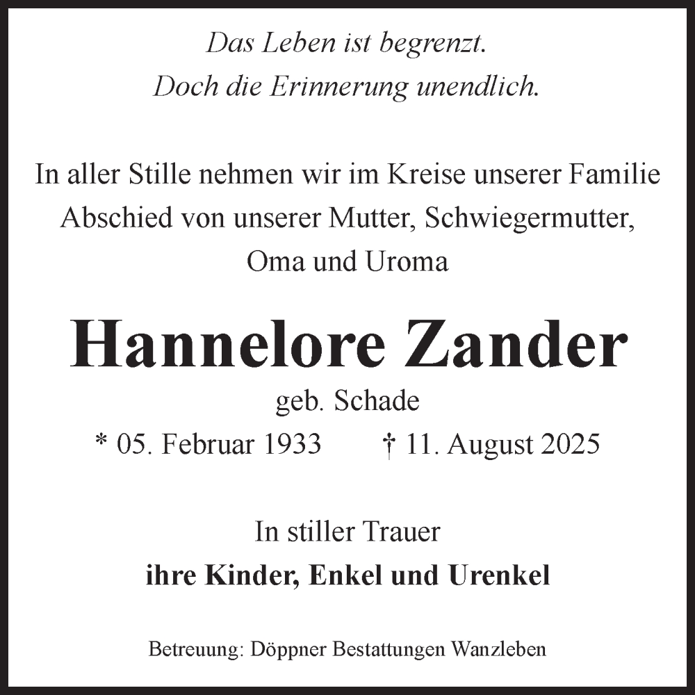  Traueranzeige für Hannelore Zander vom 23.08.2025 aus Volksstimme Magdeburg