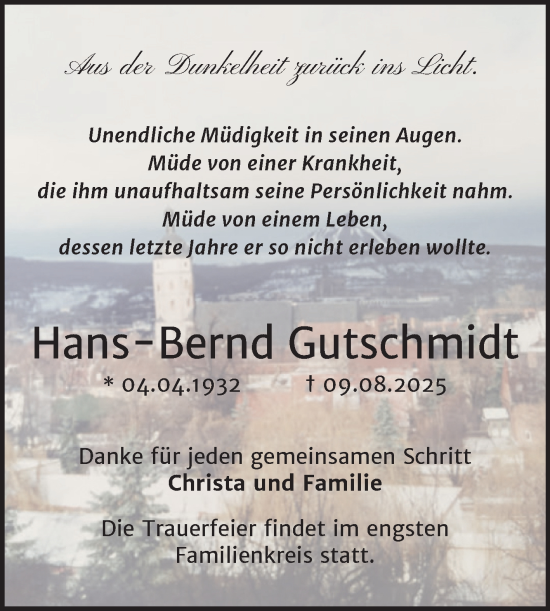 Traueranzeige von Hans-Bernd Gutschmidt von Trauerkombi Sangerhausen