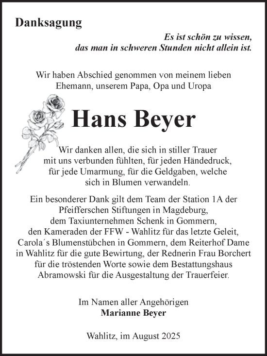 Traueranzeige von Hans Beyer von Volksstimme Burg/Genthin