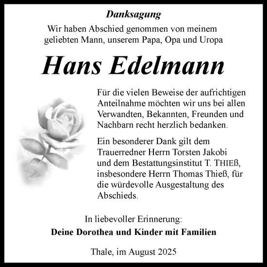 Traueranzeige von Hans Edelmann von Trauerkombi Quedlinburg