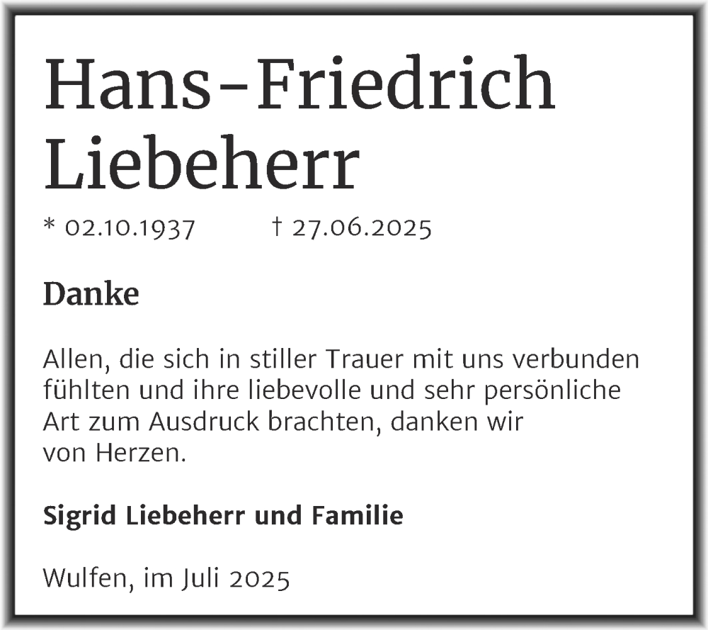  Traueranzeige für Hans-Friedrich Liebeherr vom 02.08.2025 aus Trauerkombi Köthen