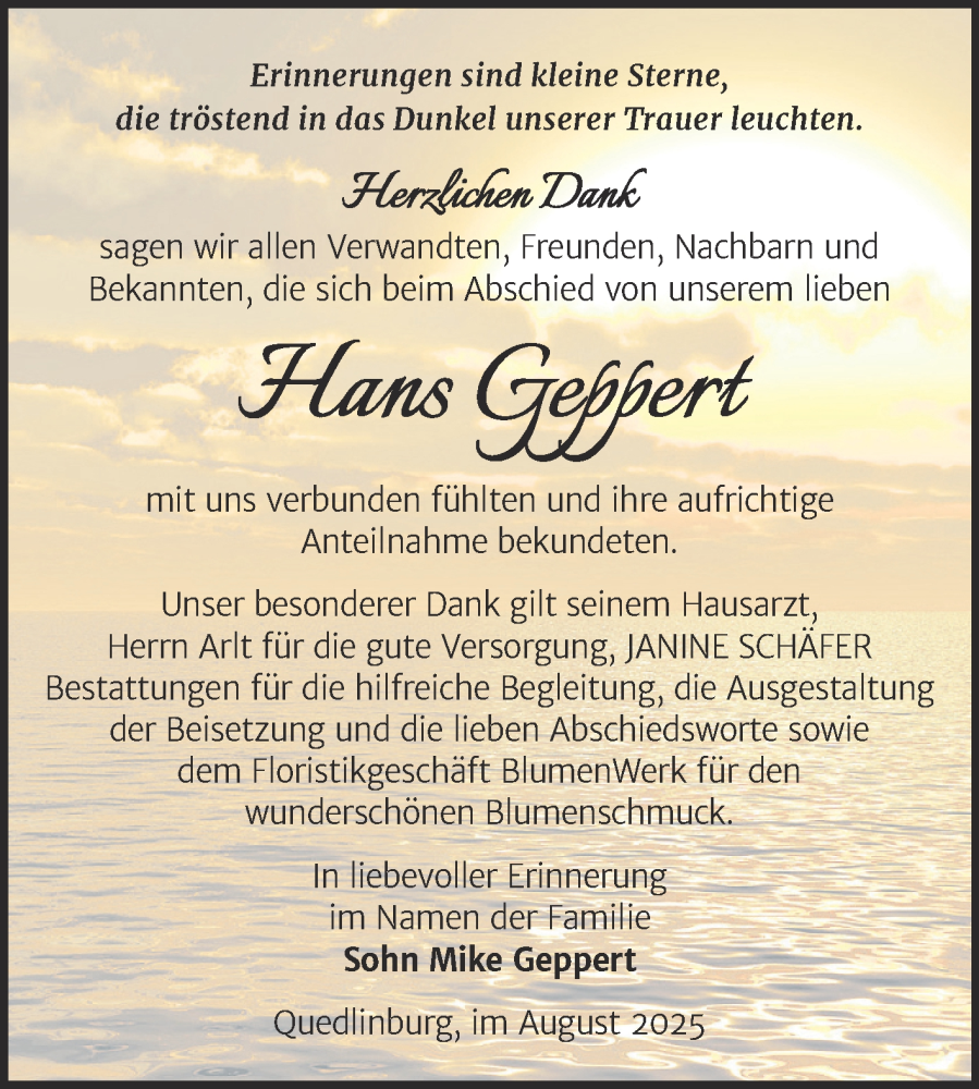  Traueranzeige für Hans Geppert vom 16.08.2025 aus Trauerkombi Quedlinburg