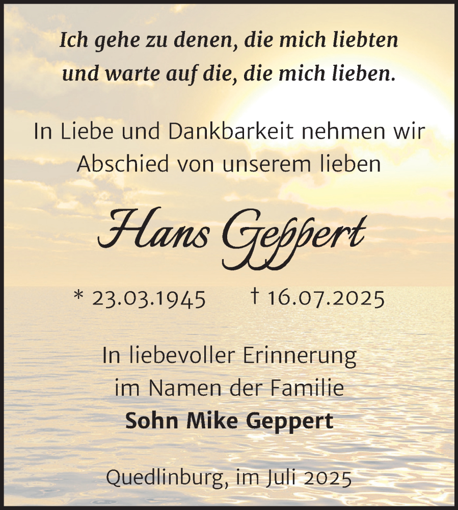  Traueranzeige für Hans Geppert vom 02.08.2025 aus Trauerkombi Quedlinburg