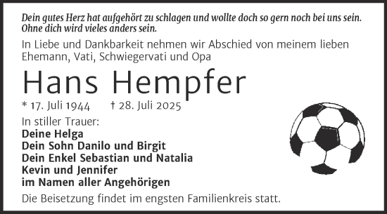 Traueranzeige von Hans Hempfer von Trauerkombi Dessau