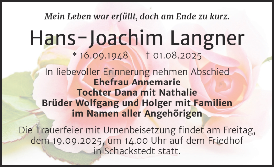 Traueranzeige von Hans-Joachim Langner von Trauerkombi Aschersleben