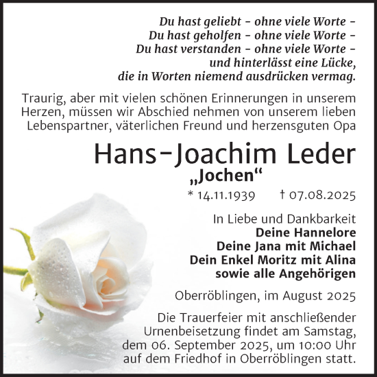 Traueranzeige von Hans-Joachim Leder von Trauerkombi Sangerhausen