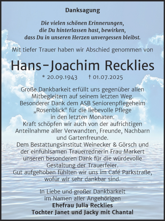 Traueranzeige von Hans-Joachim Recklies von Trauerkombi Aschersleben