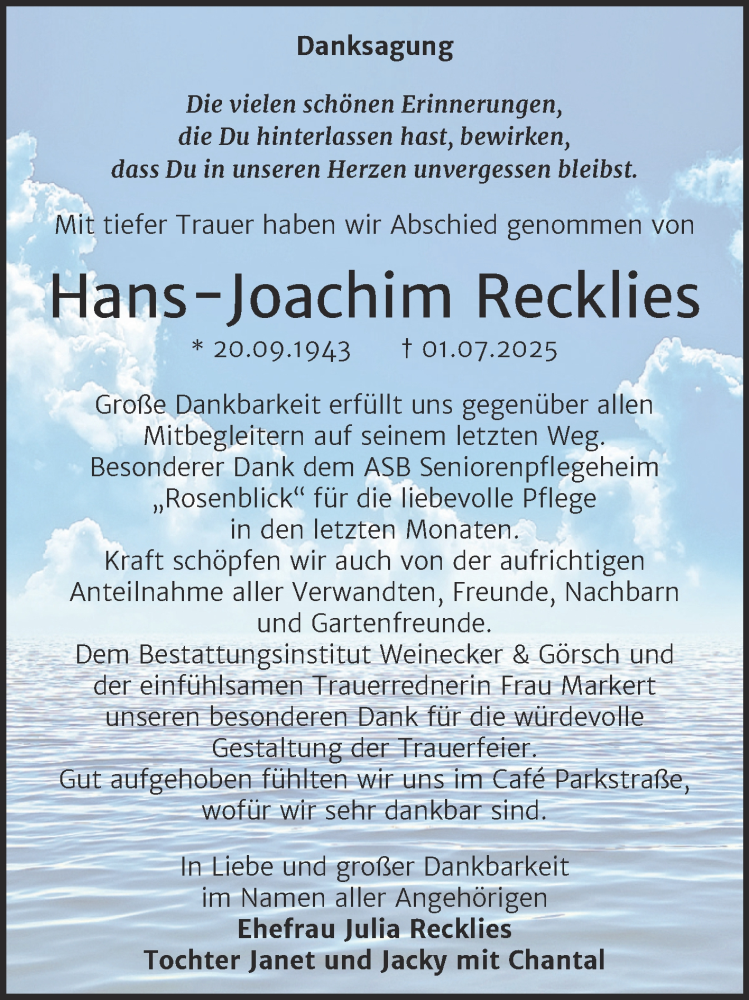  Traueranzeige für Hans-Joachim Recklies vom 02.08.2025 aus Trauerkombi Aschersleben