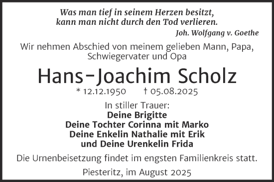 Traueranzeige von Hans-Joachim Scholz von Trauerkombi Wittenberg