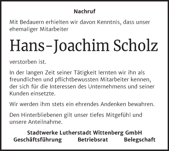 Traueranzeige von Hans-Joachim Scholz von Super Sonntag Wittenberg